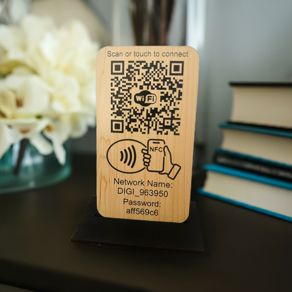 Placuta conectare WIFI cu NFC si QR Wood